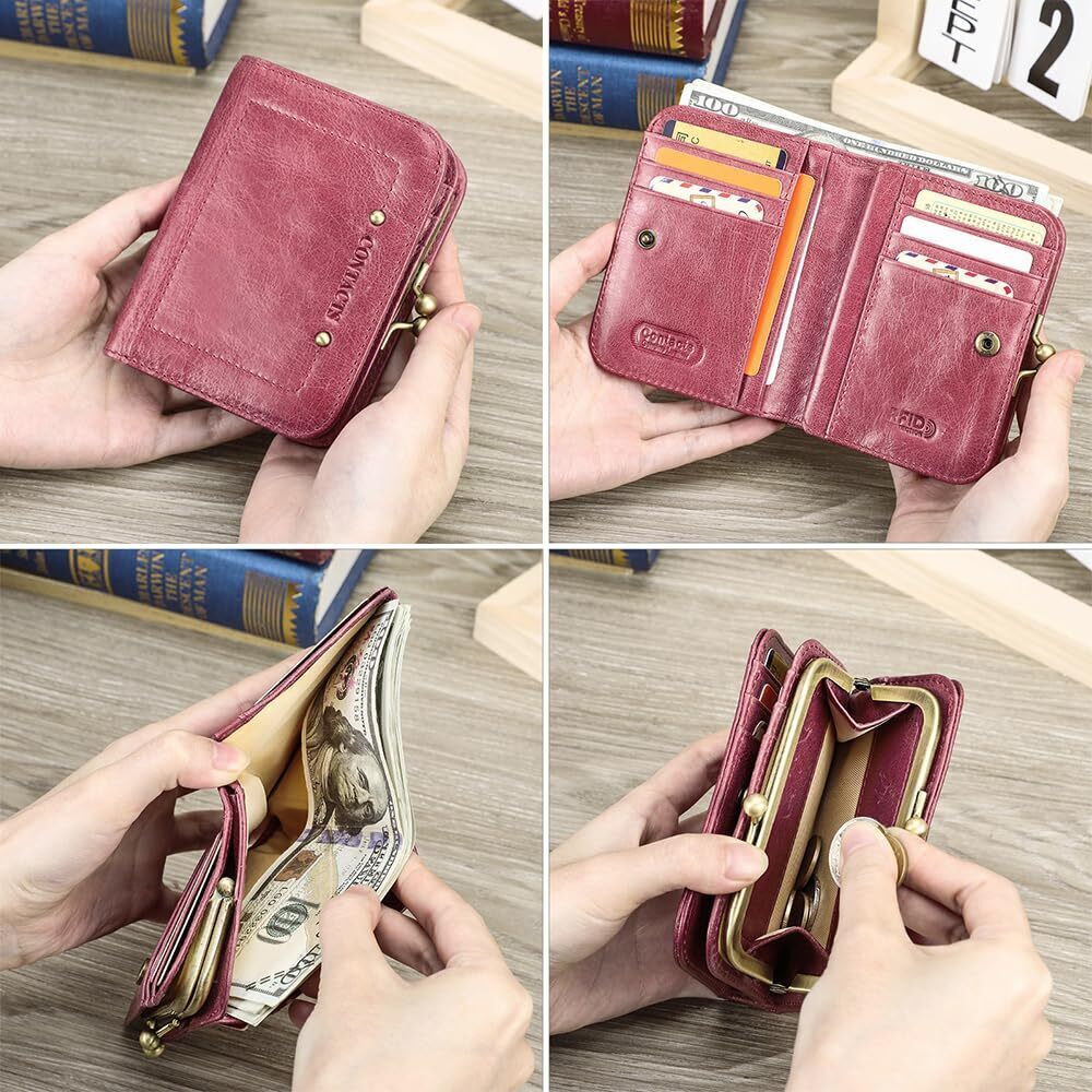 7622 Full Grain Leather Kiss Lock Wallet Kiss Clasp Coin Purse Vintage - Picture 4 of 8